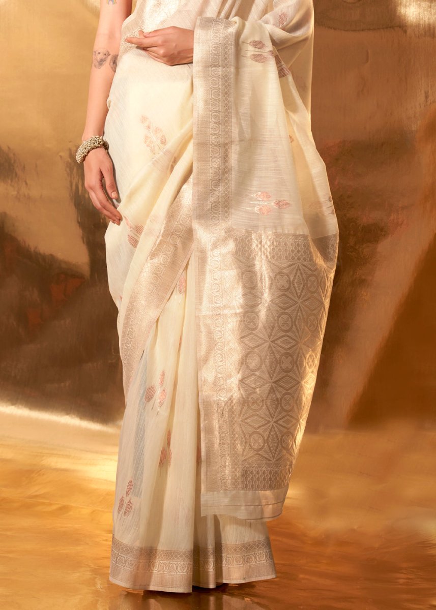Cream White Linen Silk Saree with Woven Zari Highlights - House of Sarvati LLC