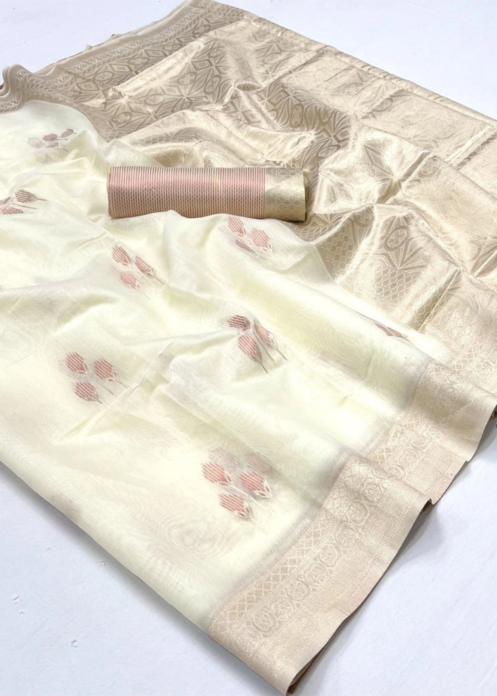 Cream White Linen Silk Saree with Woven Zari Highlights - House of Sarvati LLC