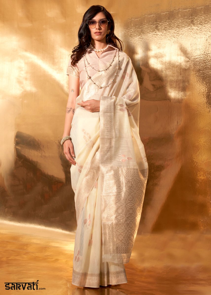 Cream White Linen Silk Saree with Woven Zari Highlights - House of Sarvati LLC