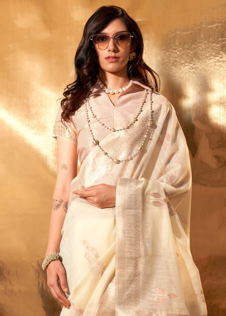 Cream White Linen Silk Saree with Woven Zari Highlights - House of Sarvati LLC