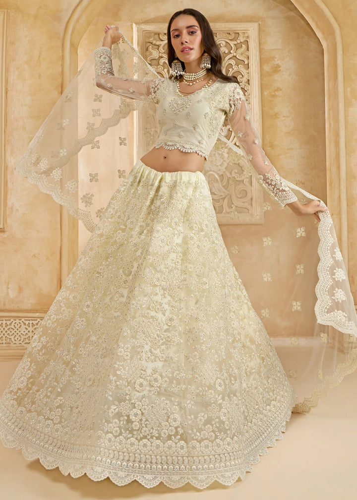 Cream White Net Lehenga Choli with Handcrafted Cording, Thread, and Stone Work - House of Sarvati LLC