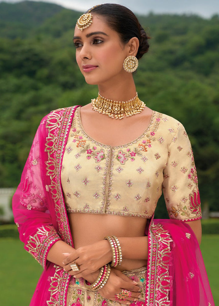 Cream White & Pink Banarasi Silk Lehenga with Heavy Khatli & Embroidery Work - House of Sarvati LLC
