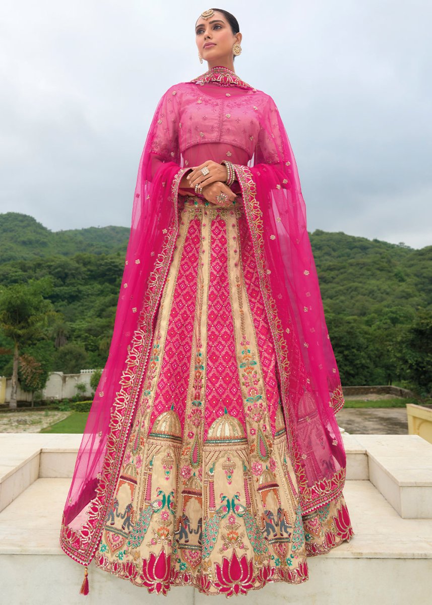 Cream White & Pink Banarasi Silk Lehenga with Heavy Khatli & Embroidery Work - House of Sarvati LLC