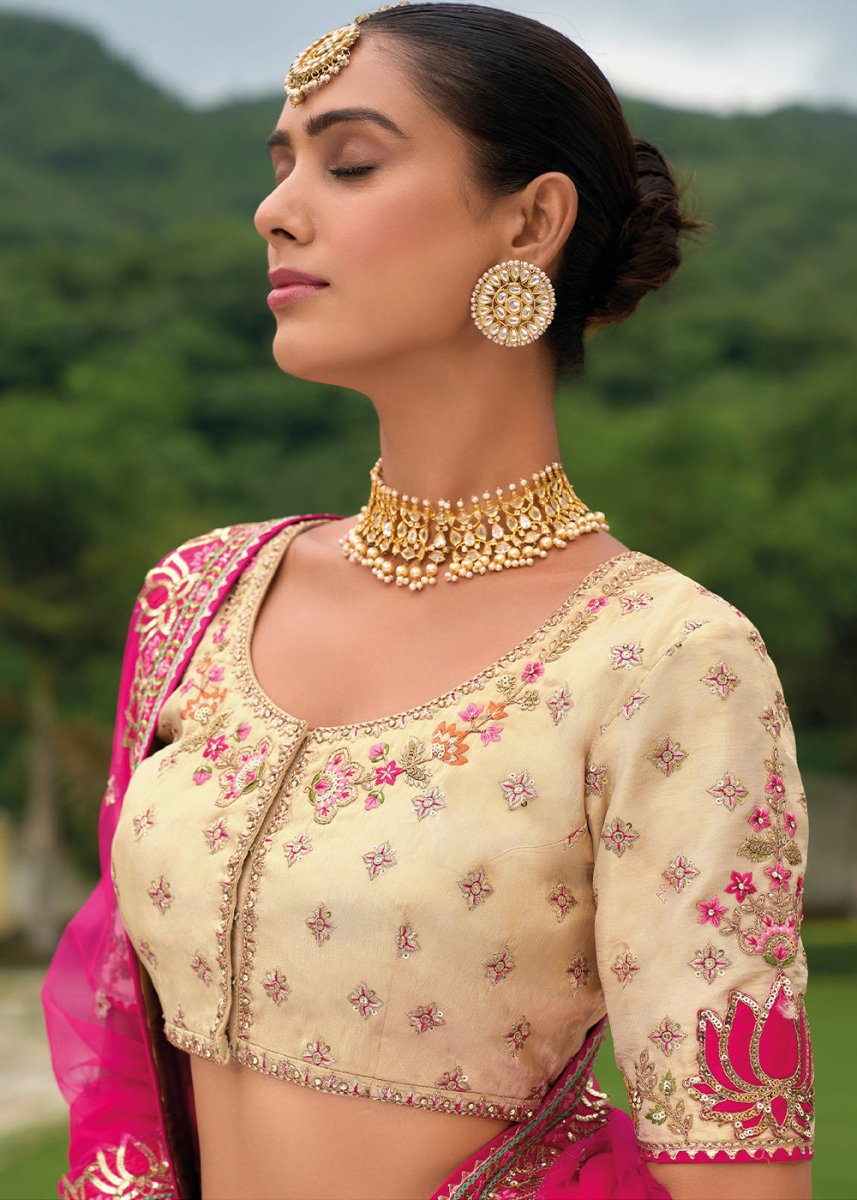 Cream White & Pink Banarasi Silk Lehenga with Heavy Khatli & Embroidery Work - House of Sarvati LLC
