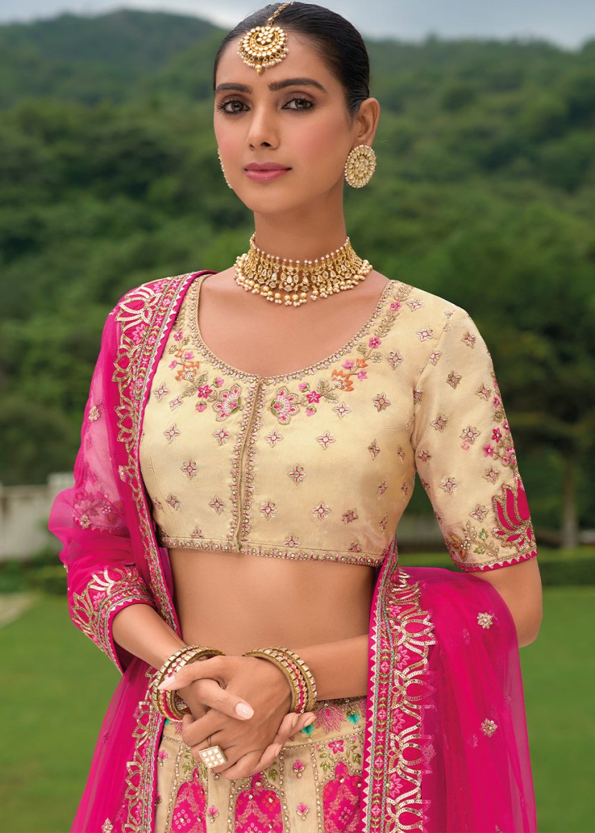 Cream White & Pink Banarasi Silk Lehenga with Heavy Khatli & Embroidery Work - House of Sarvati LLC