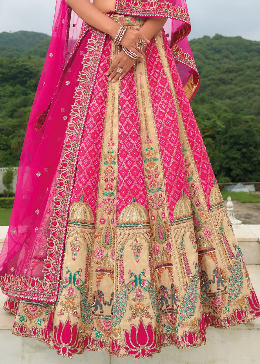 Cream White & Pink Banarasi Silk Lehenga with Heavy Khatli & Embroidery Work - House of Sarvati LLC