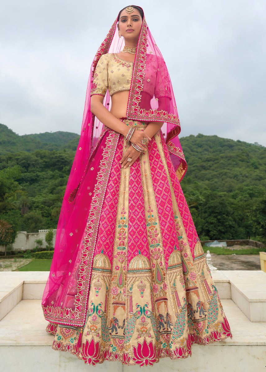 Cream White & Pink Banarasi Silk Lehenga with Heavy Khatli & Embroidery Work - House of Sarvati LLC