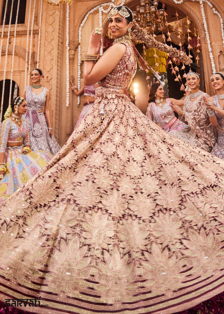 Cream White & Pink Net Lehenga Choli with Embroidery and Sparkling Sequins Work - House of Sarvati LLC