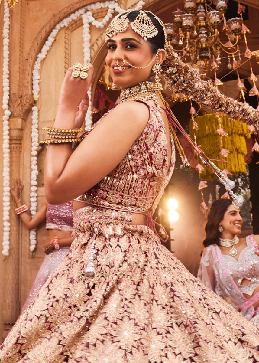 Cream White & Pink Net Lehenga Choli with Embroidery and Sparkling Sequins Work - House of Sarvati LLC