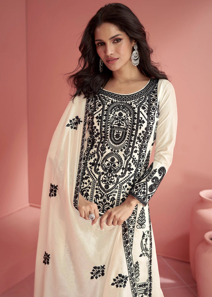 Cream White Silk Palazzo Suit with All - Over Embroidery - House of Sarvati LLC