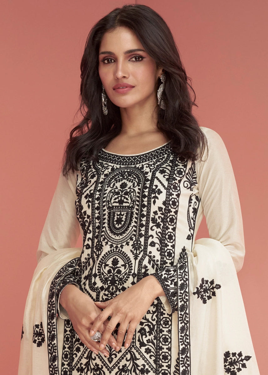 Cream White Silk Palazzo Suit with All - Over Embroidery - House of Sarvati LLC
