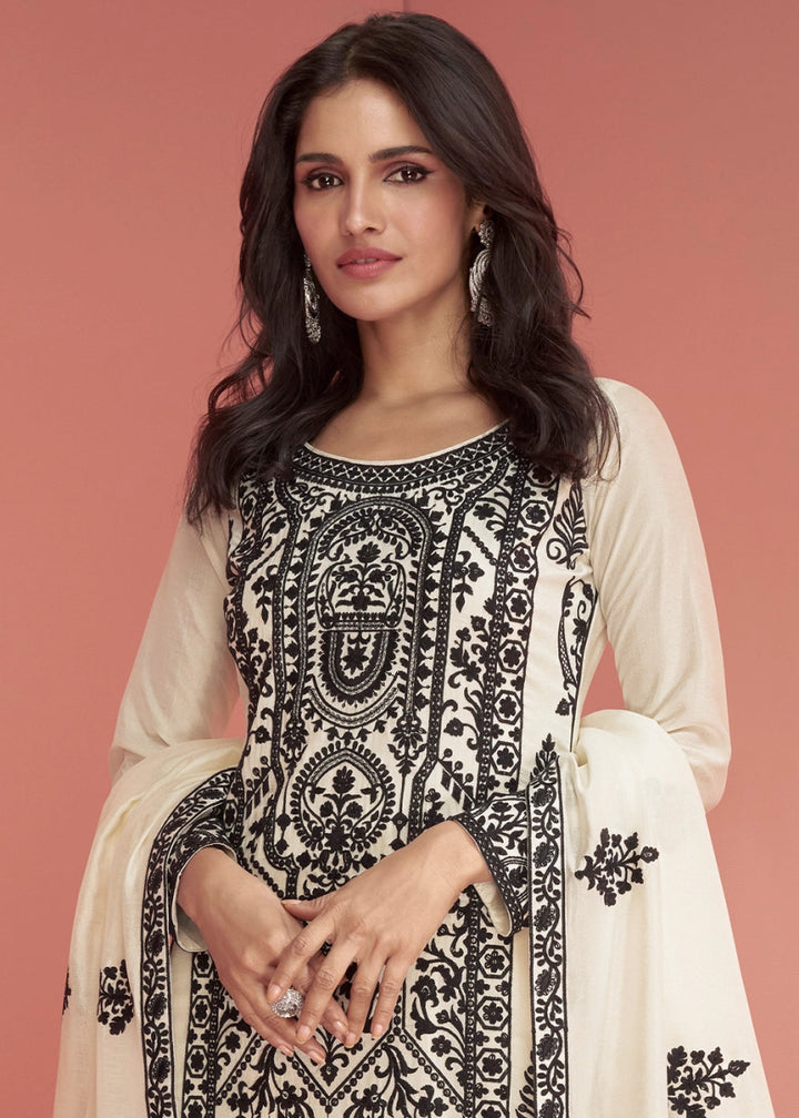 Cream White Silk Palazzo Suit with All - Over Embroidery - House of Sarvati LLC