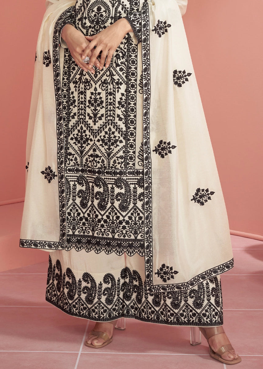 Cream White Silk Palazzo Suit with All - Over Embroidery - House of Sarvati LLC