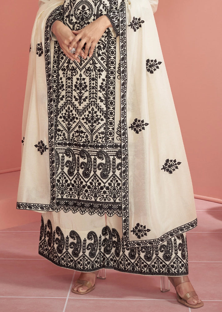 Cream White Silk Palazzo Suit with All - Over Embroidery - House of Sarvati LLC