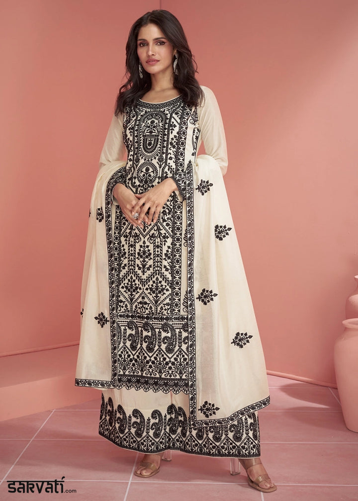 Cream White Silk Palazzo Suit with All - Over Embroidery - House of Sarvati LLC