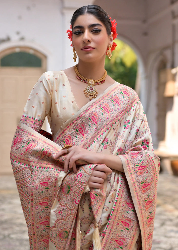 Cream White Silk Saree with Intricate Threadwork Floral Jaal - House of Sarvati LLC