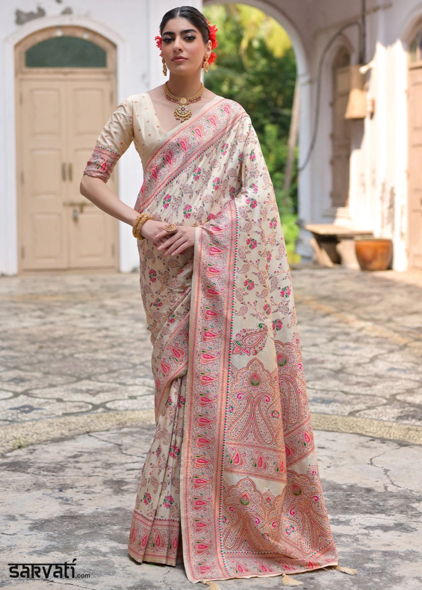Cream White Silk Saree with Intricate Threadwork Floral Jaal - House of Sarvati LLC
