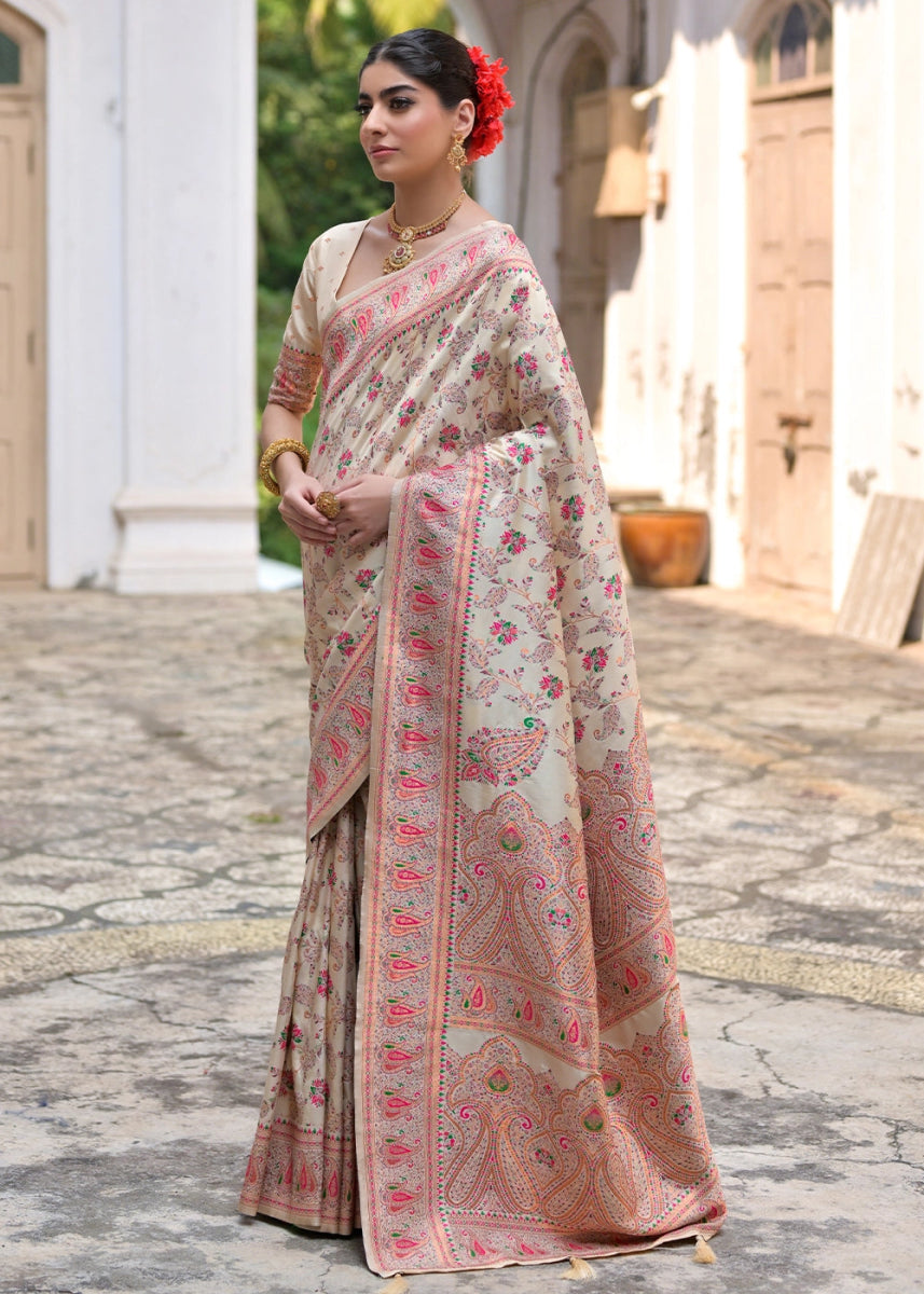 Cream White Silk Saree with Intricate Threadwork Floral Jaal - House of Sarvati LLC