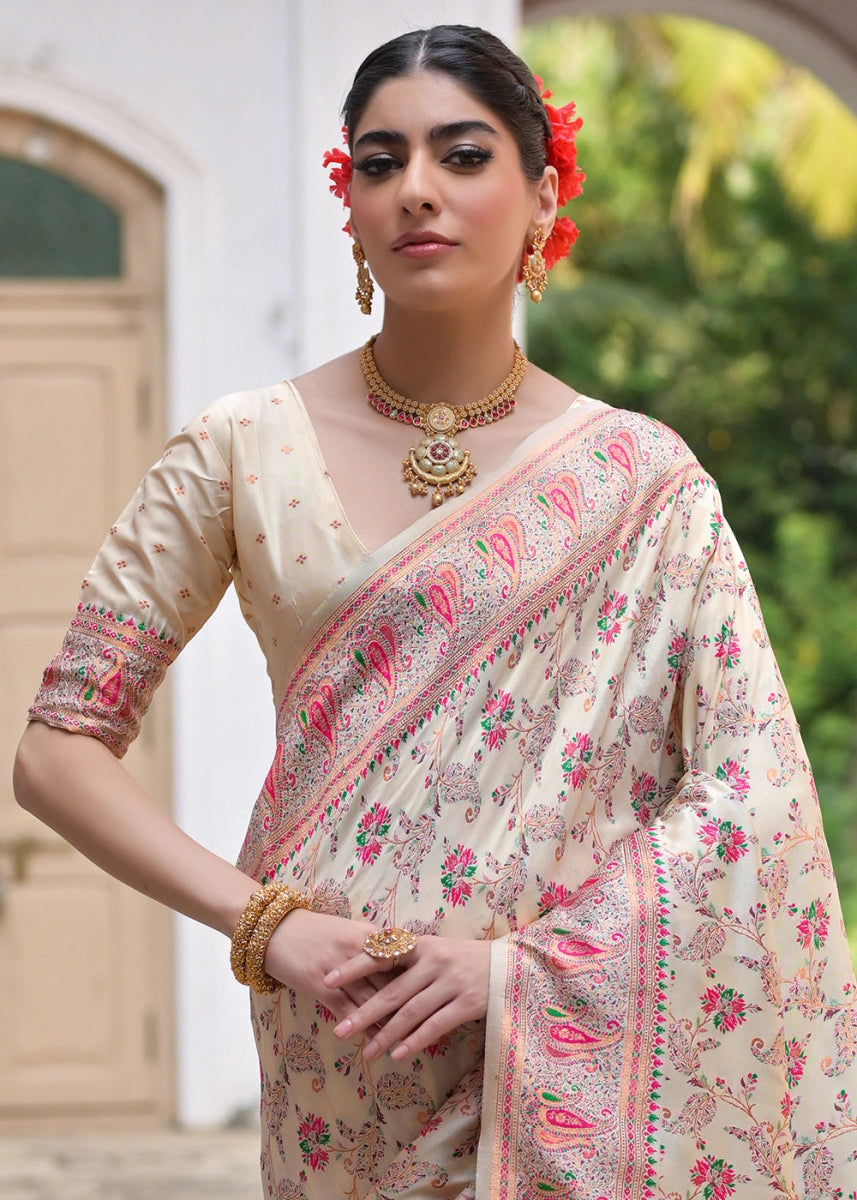 Cream White Silk Saree with Intricate Threadwork Floral Jaal - House of Sarvati LLC