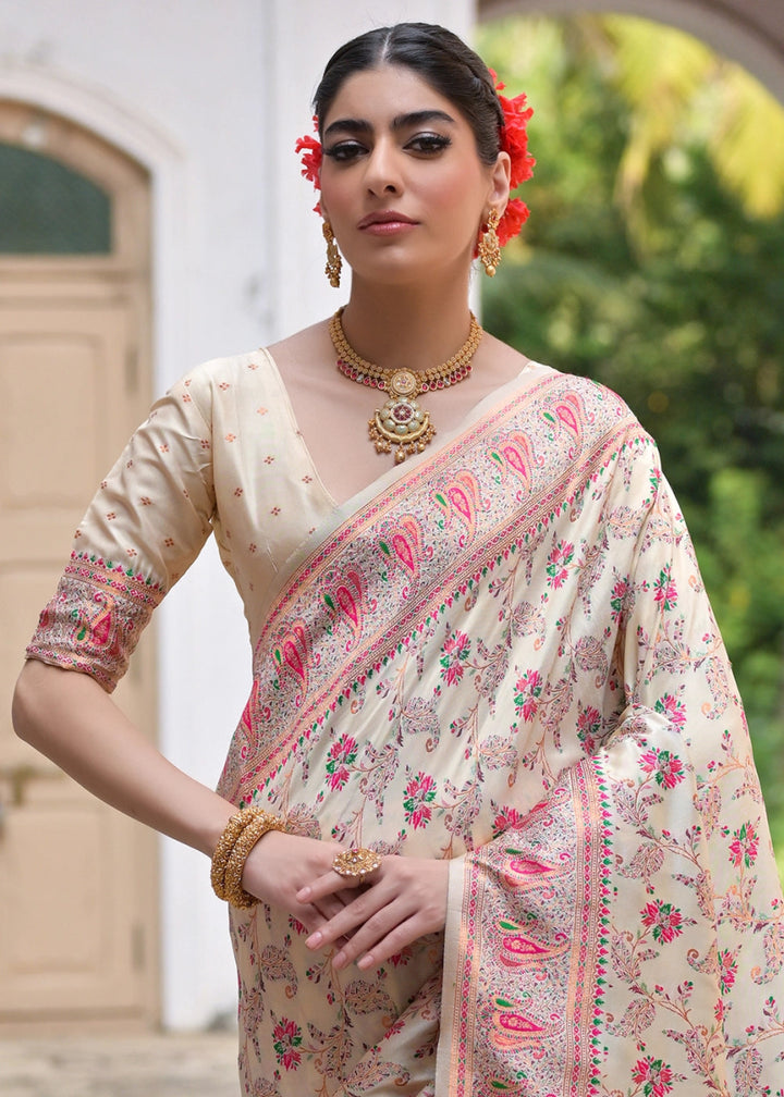 Cream White Silk Saree with Intricate Threadwork Floral Jaal - House of Sarvati LLC