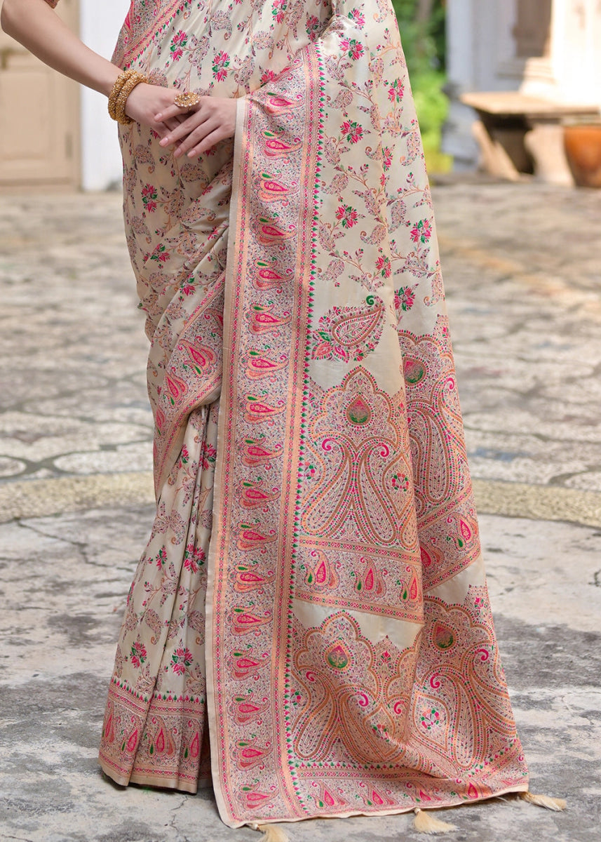 Cream White Silk Saree with Intricate Threadwork Floral Jaal - House of Sarvati LLC