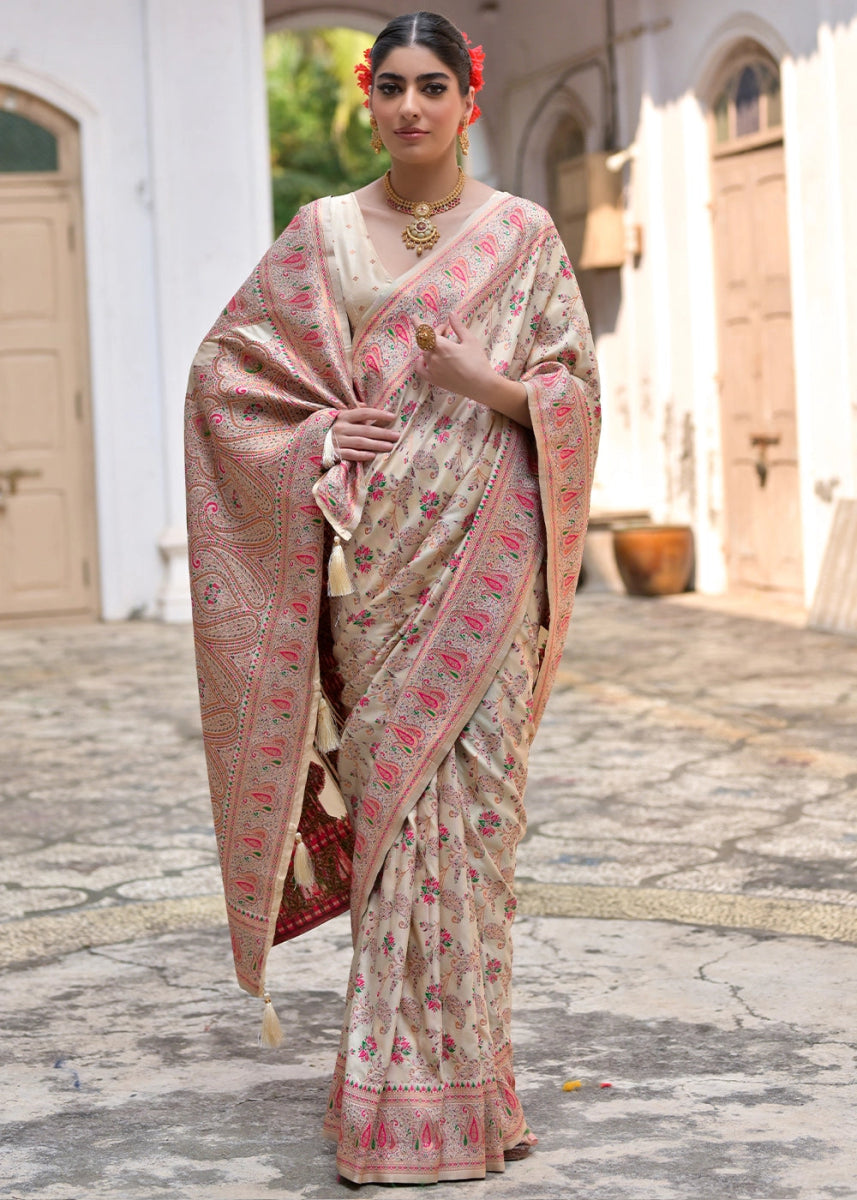 Cream White Silk Saree with Intricate Threadwork Floral Jaal - House of Sarvati LLC