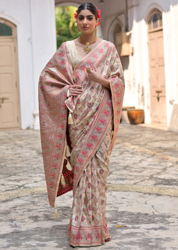 Cream White Silk Saree with Intricate Threadwork Floral Jaal - House of Sarvati LLC