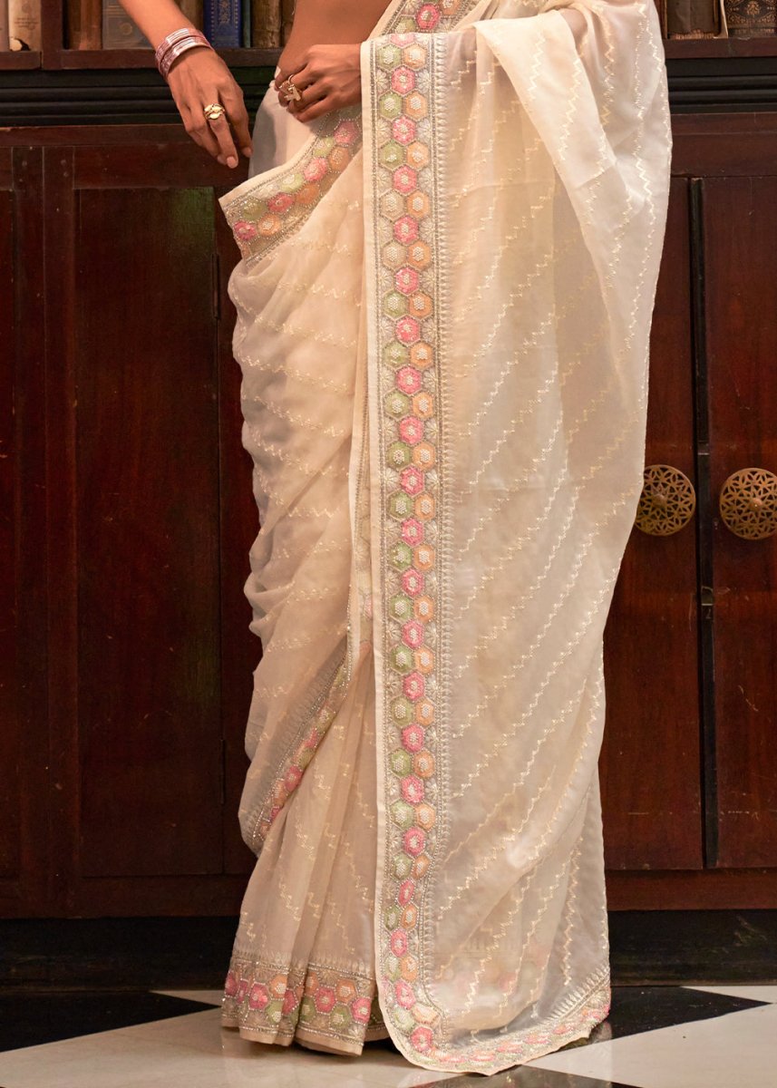 Cream White Tissue Organza Saree with Crystal Accents for a Luxe Look - House of Sarvati LLC