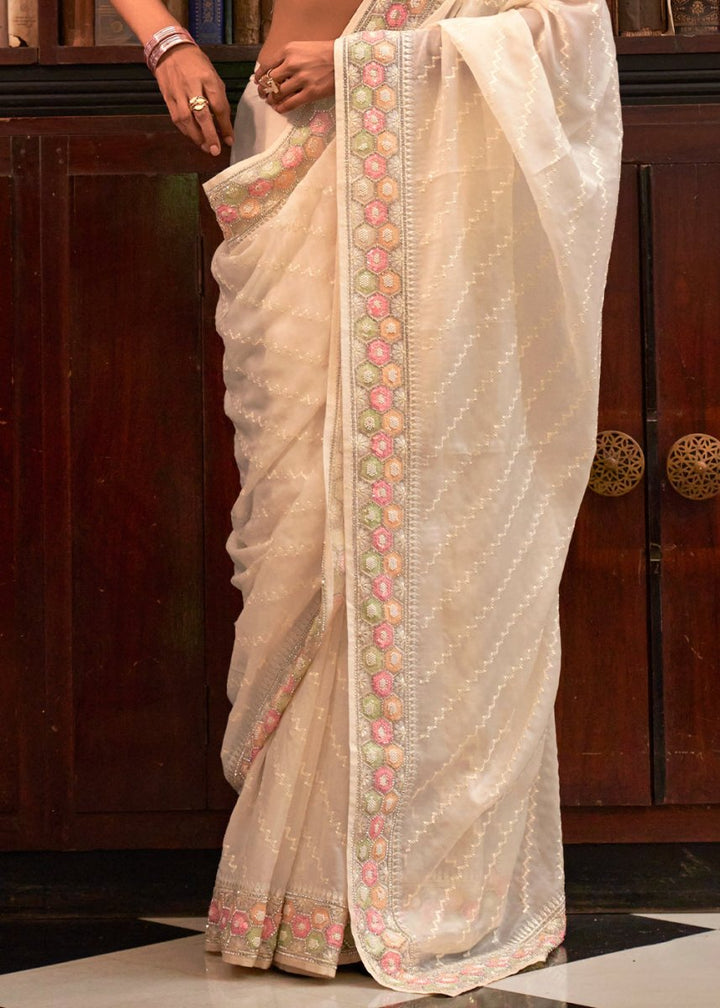 Cream White Tissue Organza Saree with Crystal Accents for a Luxe Look - House of Sarvati LLC