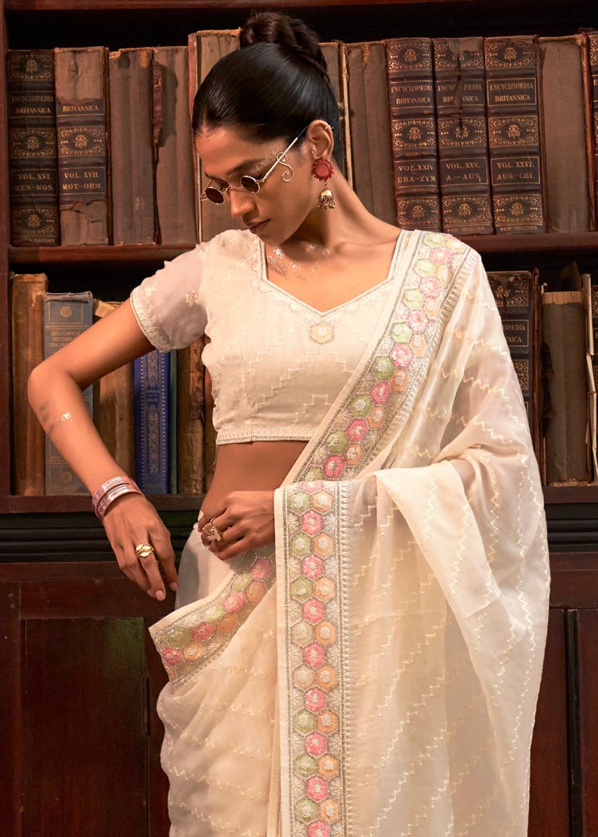 Cream White Tissue Organza Saree with Crystal Accents for a Luxe Look - House of Sarvati LLC