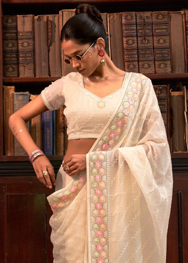 Cream White Tissue Organza Saree with Crystal Accents for a Luxe Look - House of Sarvati LLC