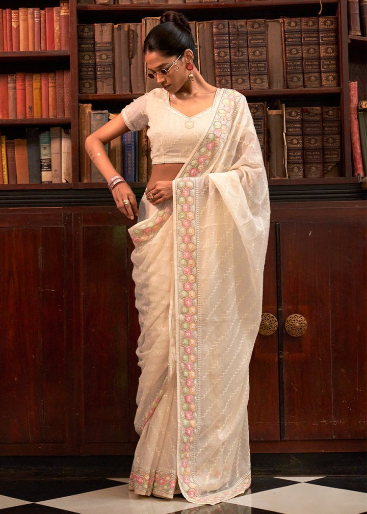 Cream White Tissue Organza Saree with Crystal Accents for a Luxe Look - House of Sarvati LLC