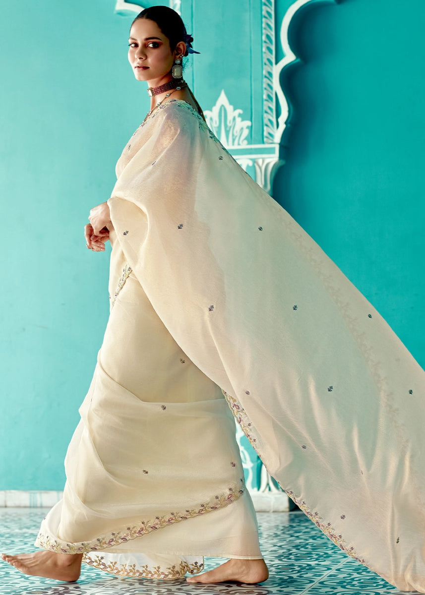 Cream White Tissue Silk Saree with Exquisite Embroidery - House of Sarvati LLC