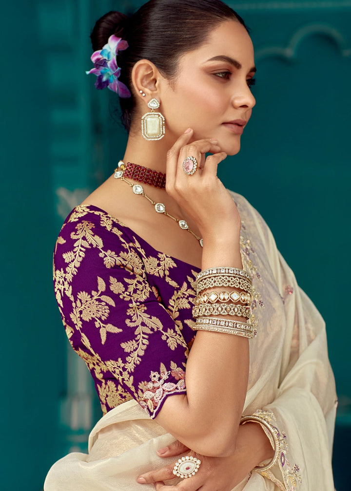 Cream White Tissue Silk Saree with Exquisite Embroidery - House of Sarvati LLC