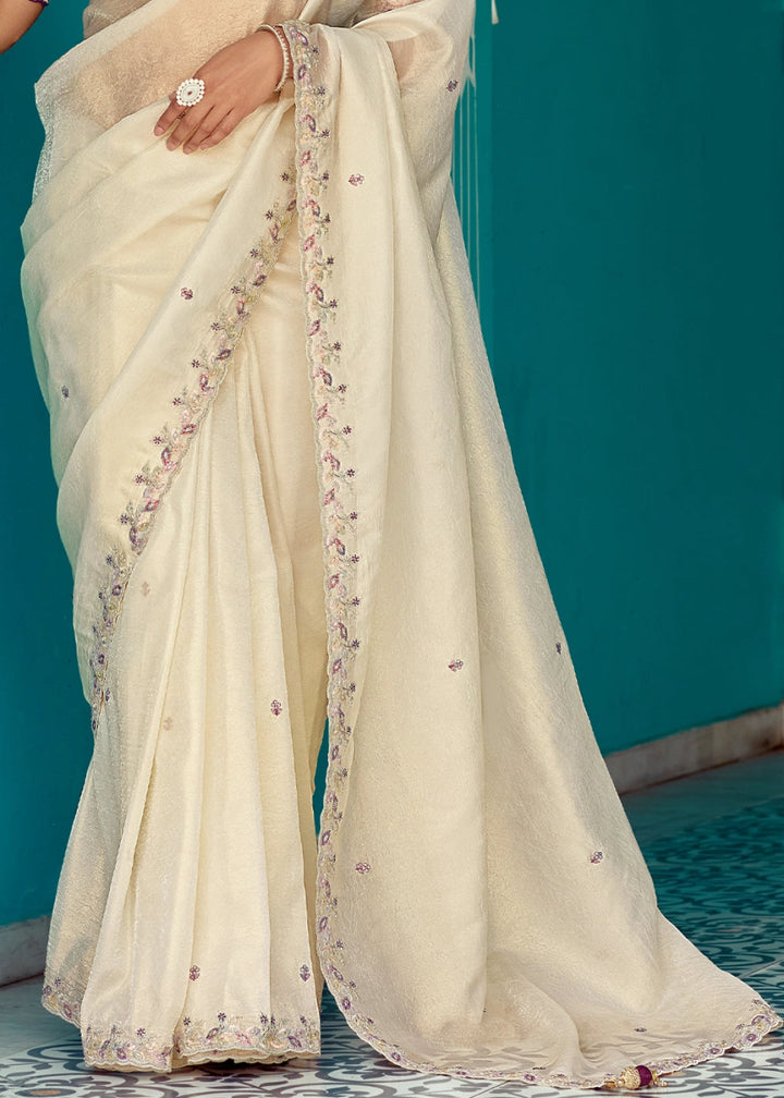 Cream White Tissue Silk Saree with Exquisite Embroidery - House of Sarvati LLC