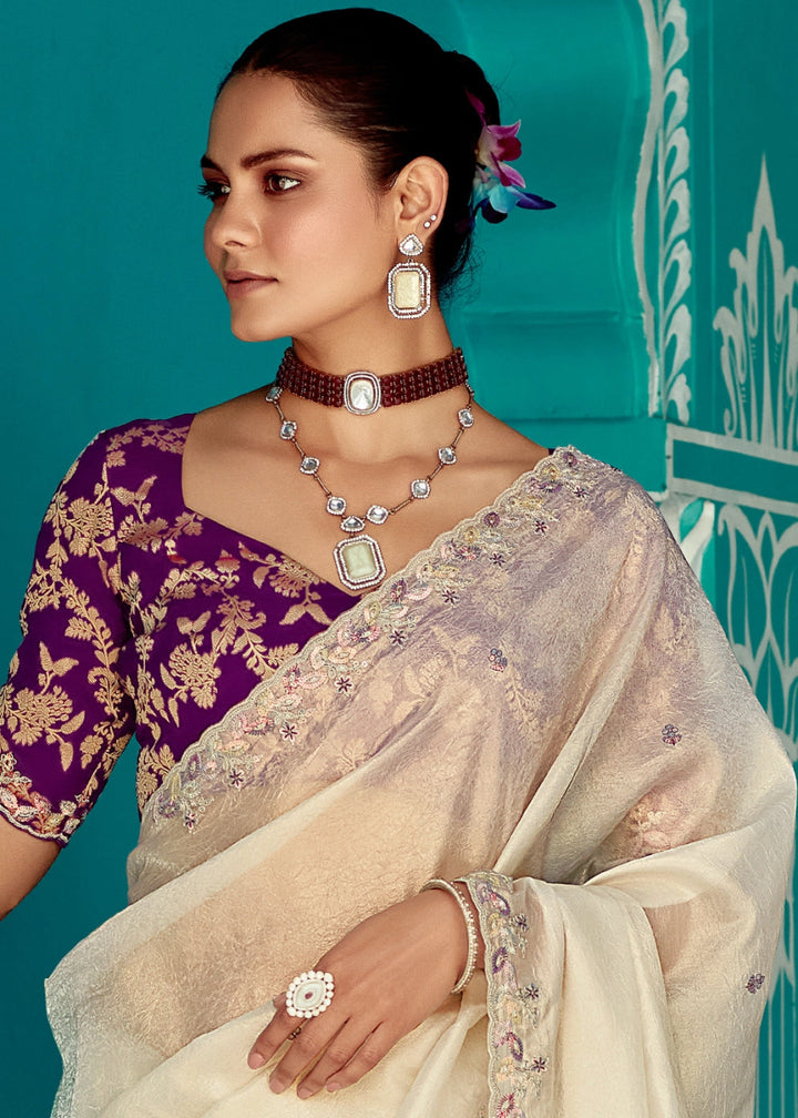 Cream White Tissue Silk Saree with Exquisite Embroidery - House of Sarvati LLC