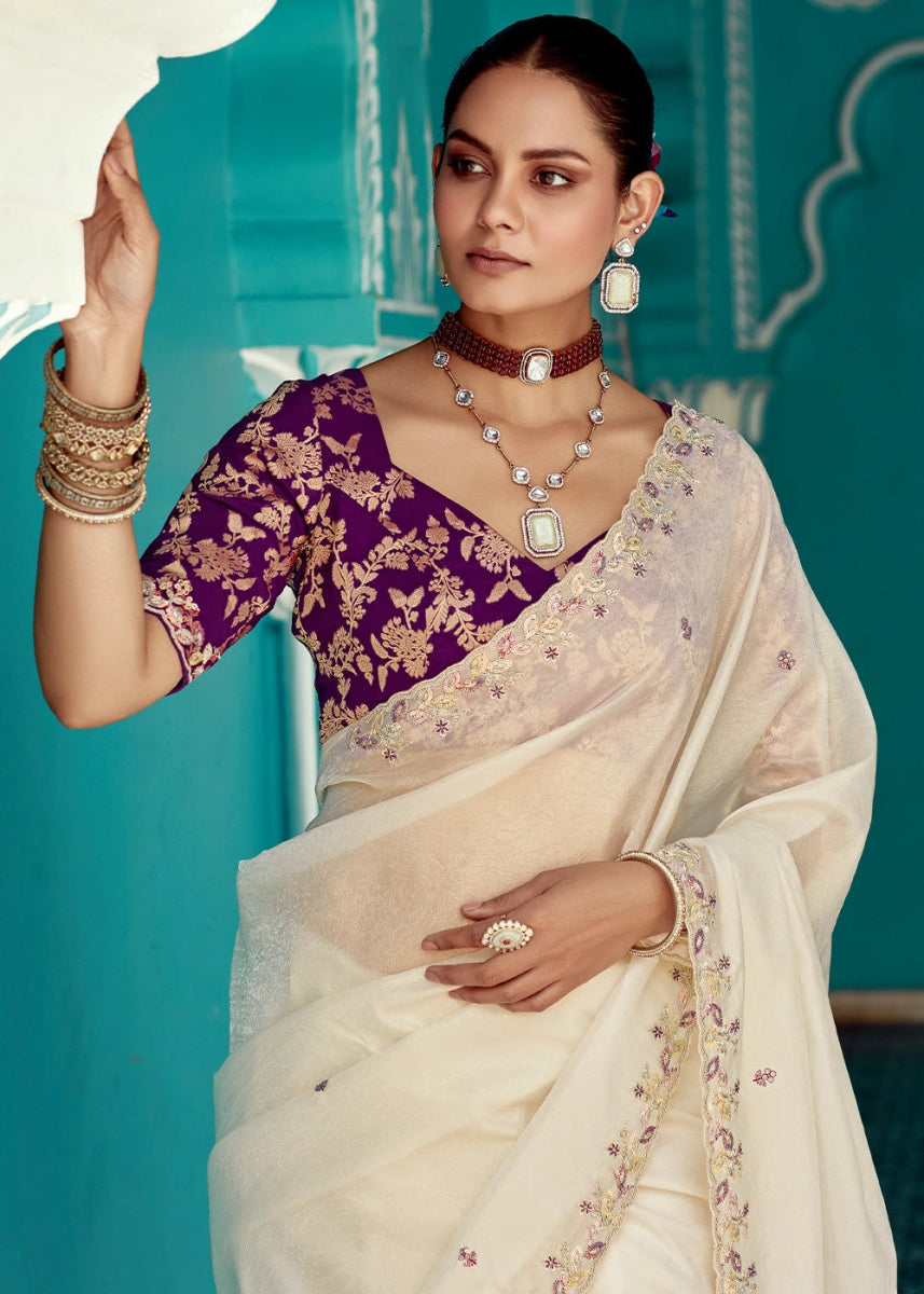 Cream White Tissue Silk Saree with Exquisite Embroidery - House of Sarvati LLC