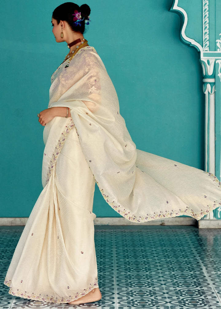 Cream White Tissue Silk Saree with Exquisite Embroidery - House of Sarvati LLC