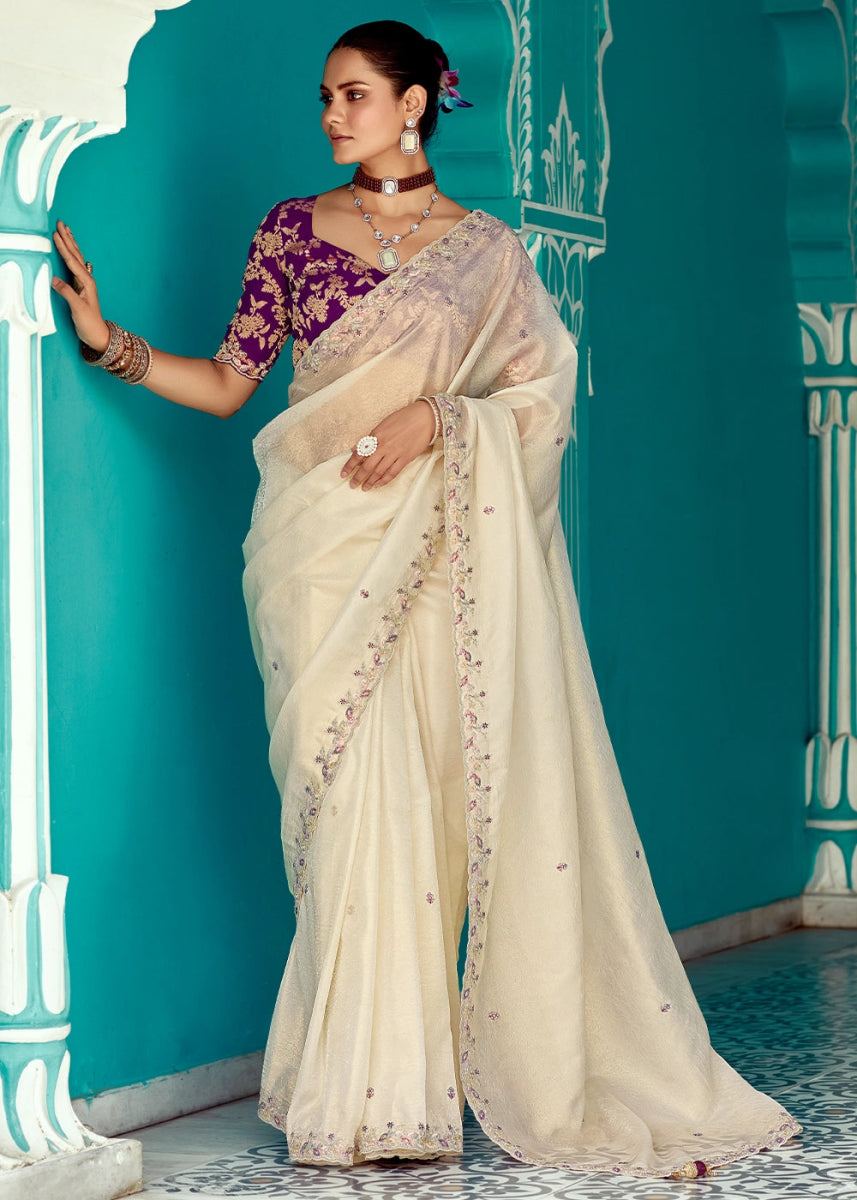 Cream White Tissue Silk Saree with Exquisite Embroidery - House of Sarvati LLC