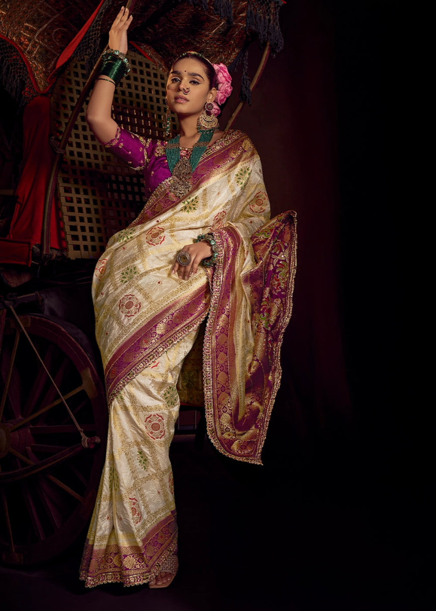 Cream White Viscose Silk Saree with Handcrafted Embroidered Blouse - House of Sarvati LLC