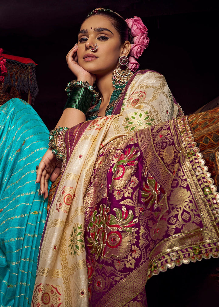 Cream White Viscose Silk Saree with Handcrafted Embroidered Blouse - House of Sarvati LLC