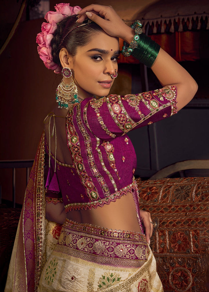 Cream White Viscose Silk Saree with Handcrafted Embroidered Blouse - House of Sarvati LLC