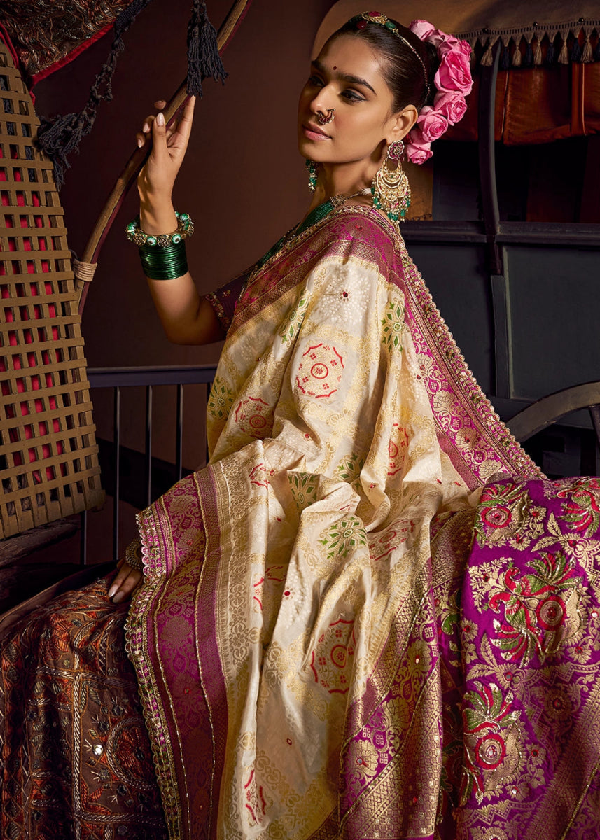 Cream White Viscose Silk Saree with Handcrafted Embroidered Blouse - House of Sarvati LLC