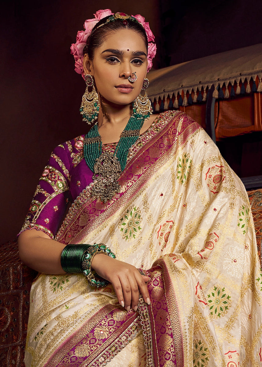 Cream White Viscose Silk Saree with Handcrafted Embroidered Blouse - House of Sarvati LLC