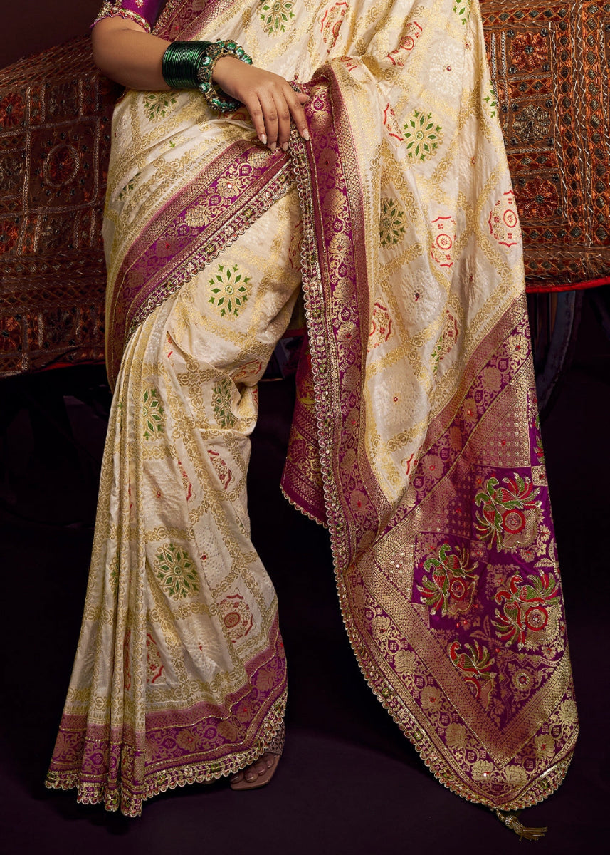 Cream White Viscose Silk Saree with Handcrafted Embroidered Blouse - House of Sarvati LLC