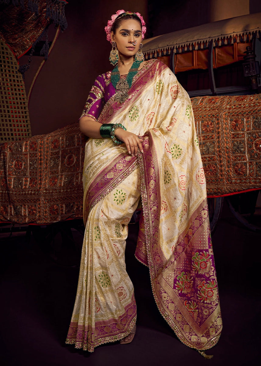 Cream White Viscose Silk Saree with Handcrafted Embroidered Blouse - House of Sarvati LLC