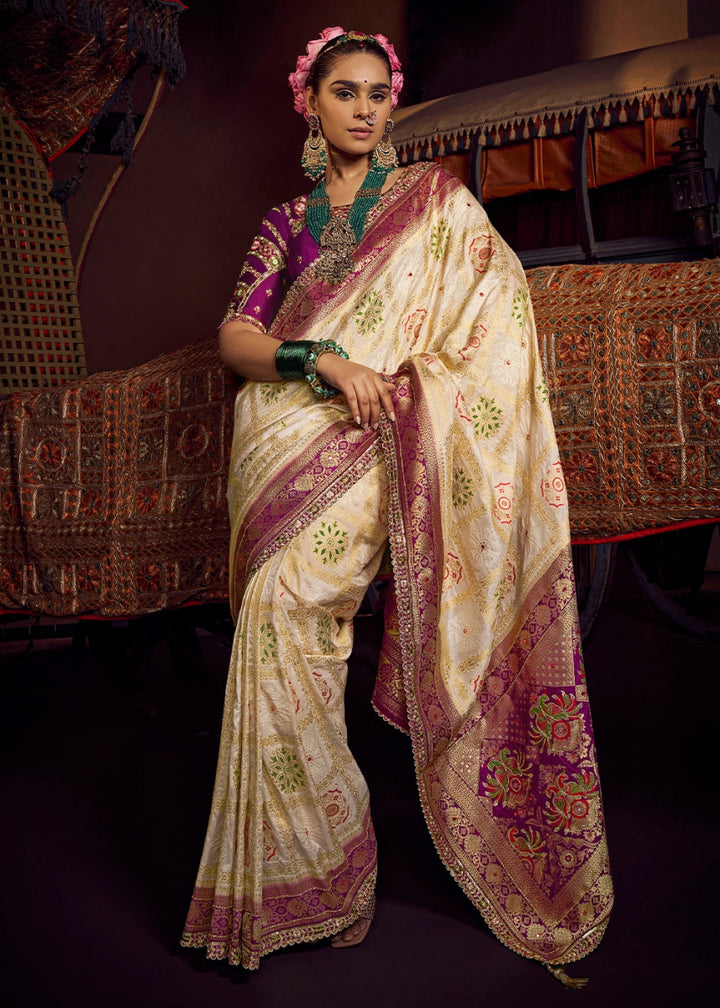 Cream White Viscose Silk Saree with Handcrafted Embroidered Blouse - House of Sarvati LLC