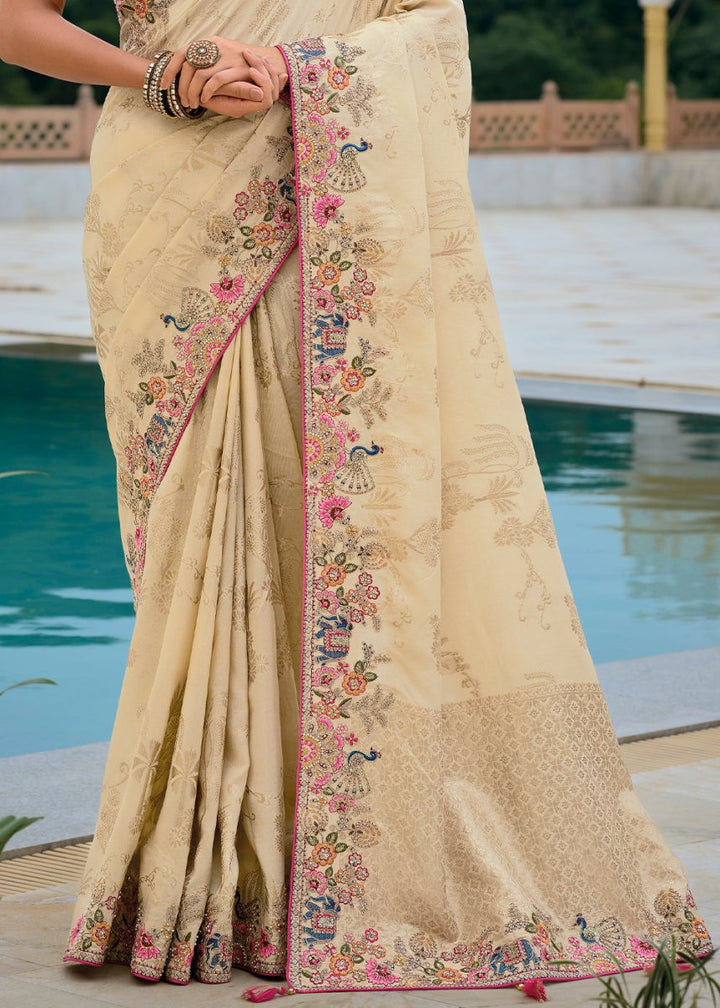 Cream White Viscose Silk Saree with Intricate Cutwork & Embroidery - House of Sarvati LLC