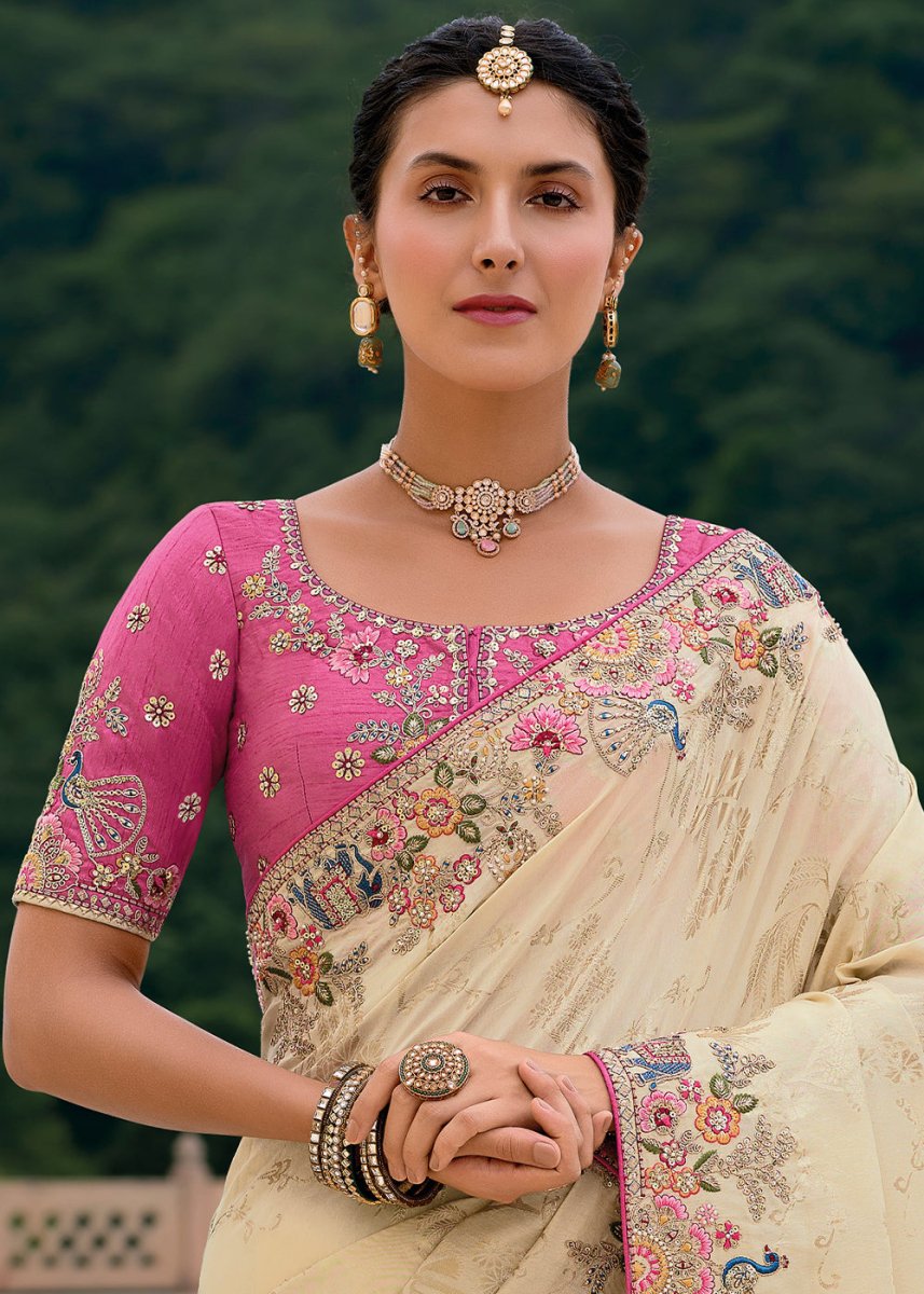 Cream White Viscose Silk Saree with Intricate Cutwork & Embroidery - House of Sarvati LLC