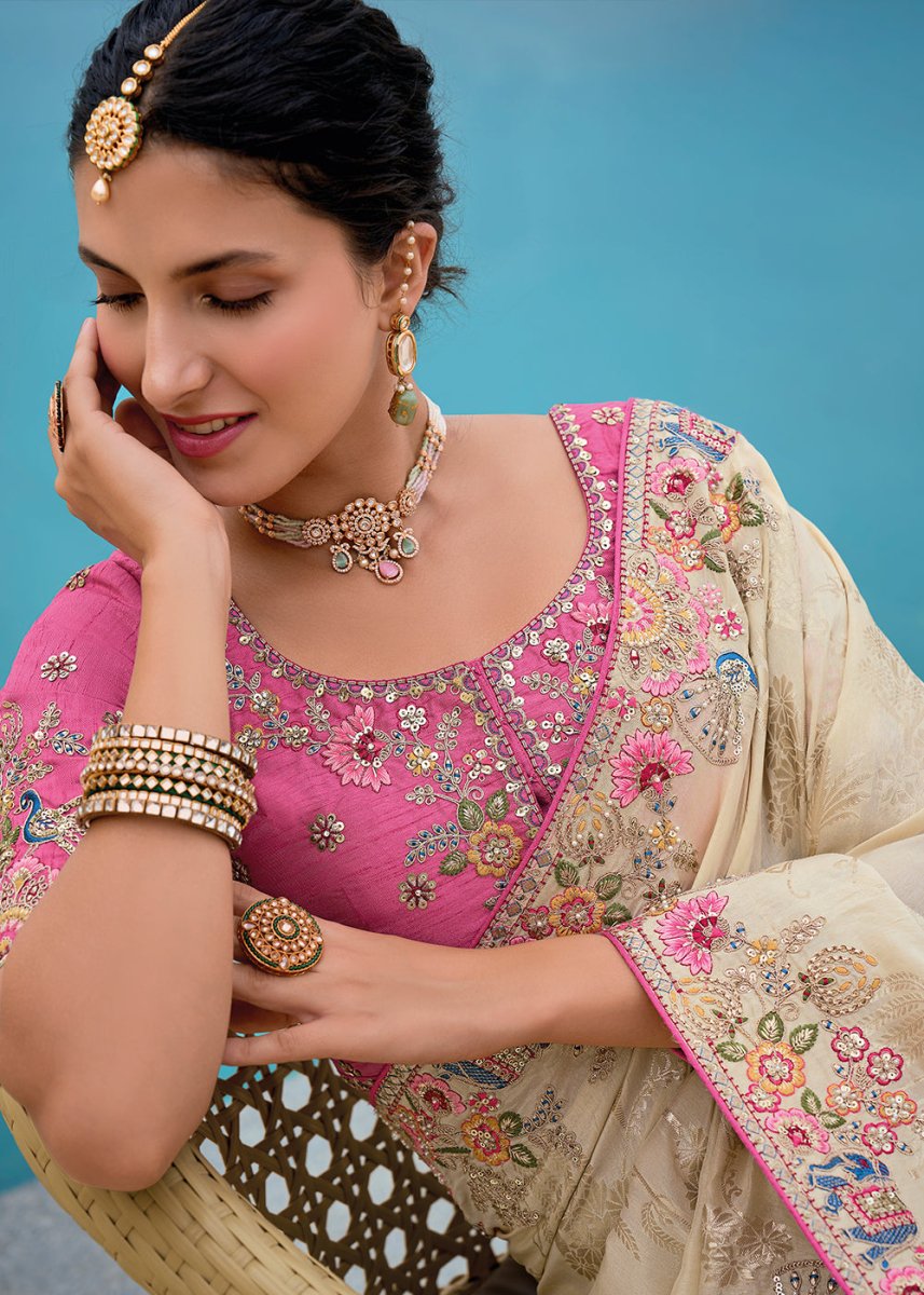 Cream White Viscose Silk Saree with Intricate Cutwork & Embroidery - House of Sarvati LLC